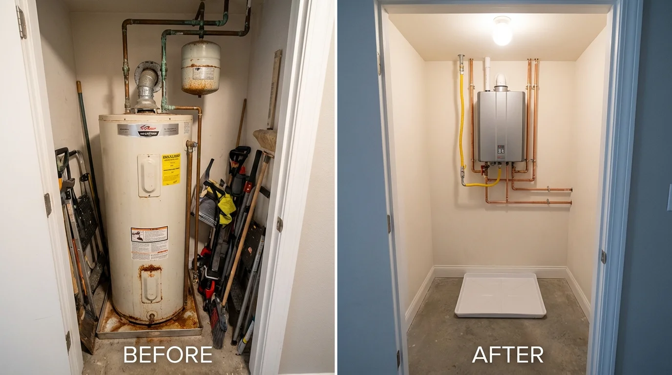 Tank water heater versus wall-mounted tankless unit comparison for Le Sueur, MN homeowners
