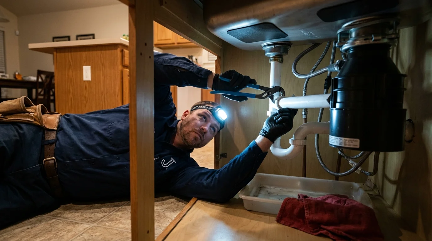 P-trap and supply line connections under a kitchen sink showing a common leak point in Le Sueur, MN